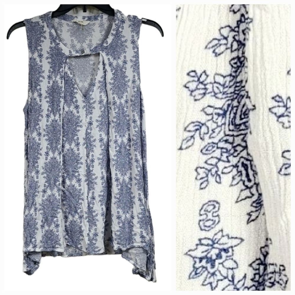 Entro Blue White Baroque Tunic Tank Choker Keyhole Hi Low Boho Blouse Medium UO - Picture 9 of 10